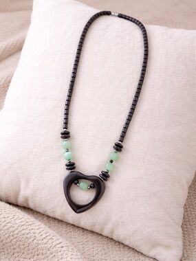 Black and Mint Green Heart Pendant Beaded Necklace - Heavy
